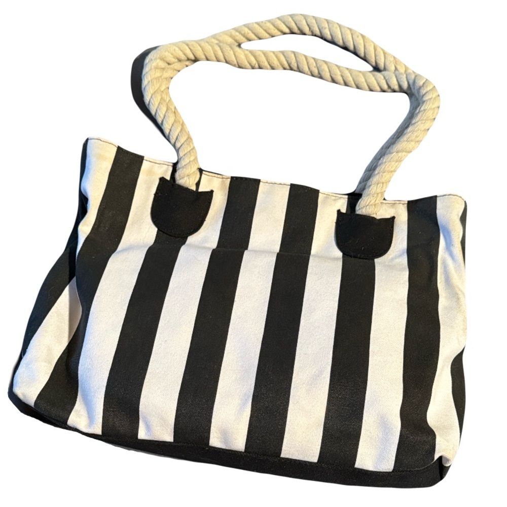 Striped Canvas Tote Bag with Rope Handles - Black & White